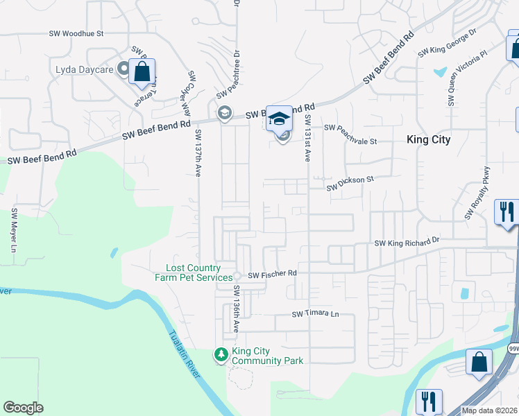map of restaurants, bars, coffee shops, grocery stores, and more near 16603 Southwest 134th Terrace in Tigard