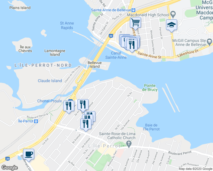 map of restaurants, bars, coffee shops, grocery stores, and more near 15 3e Avenue in L'Île-Perrot
