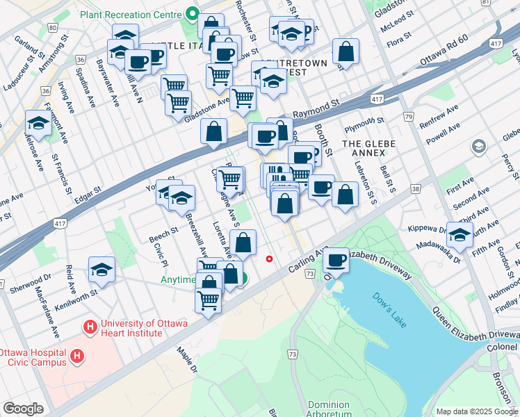 map of restaurants, bars, coffee shops, grocery stores, and more near 101 Norman Street in Ottawa