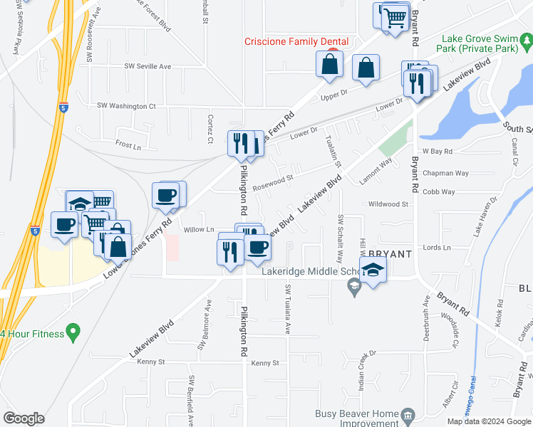 map of restaurants, bars, coffee shops, grocery stores, and more near 5299 Lakeview Boulevard in Lake Oswego