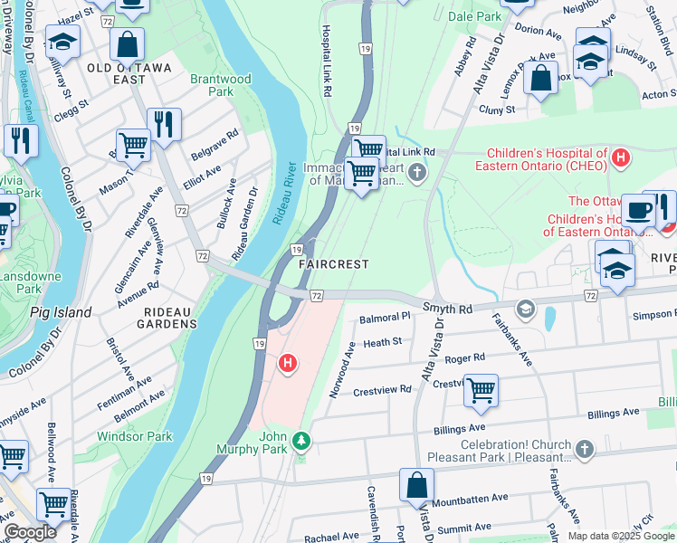 map of restaurants, bars, coffee shops, grocery stores, and more near 1801 Frobisher Lane in Ottawa