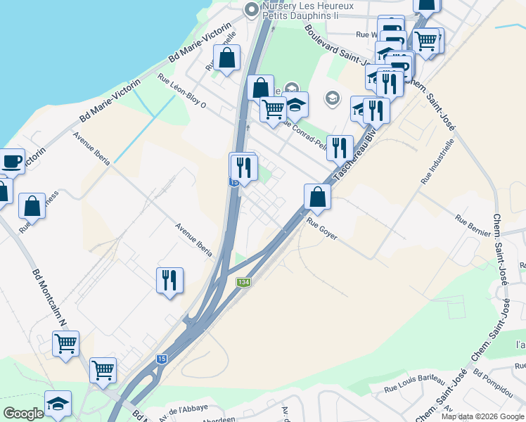 map of restaurants, bars, coffee shops, grocery stores, and more near Avenue Papineau in Candiac