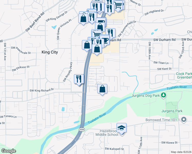 map of restaurants, bars, coffee shops, grocery stores, and more near 11676 Southwest Royal Villa Drive in Tigard
