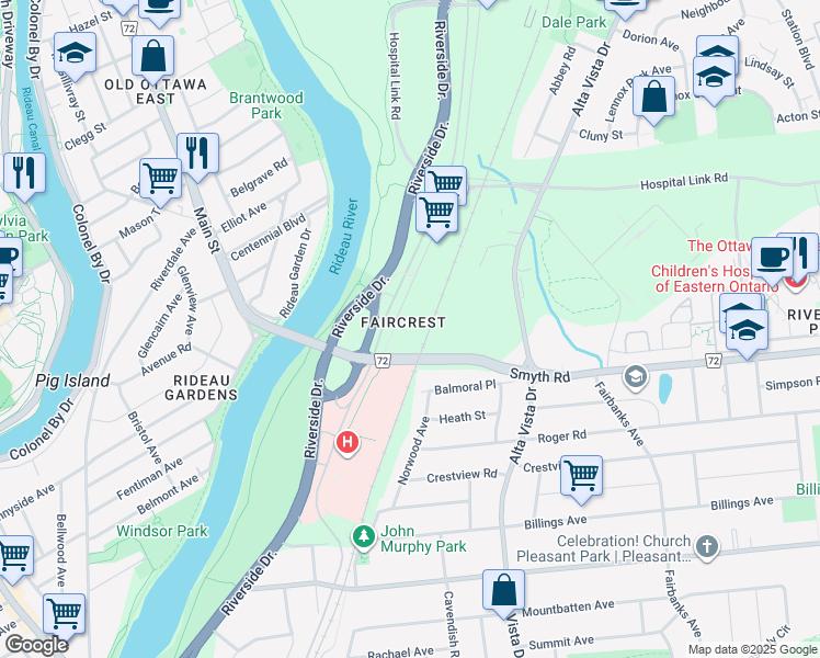 map of restaurants, bars, coffee shops, grocery stores, and more near 1833 Frobisher Lane in Ottawa