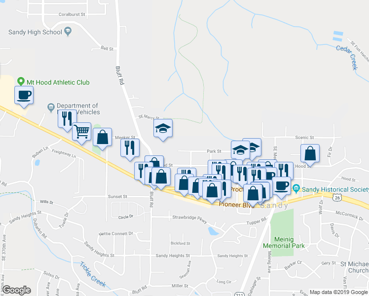 map of restaurants, bars, coffee shops, grocery stores, and more near 38435 Park Street in Sandy
