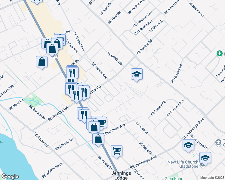 map of restaurants, bars, coffee shops, grocery stores, and more near 4670 Southeast Roethe Road in Milwaukie