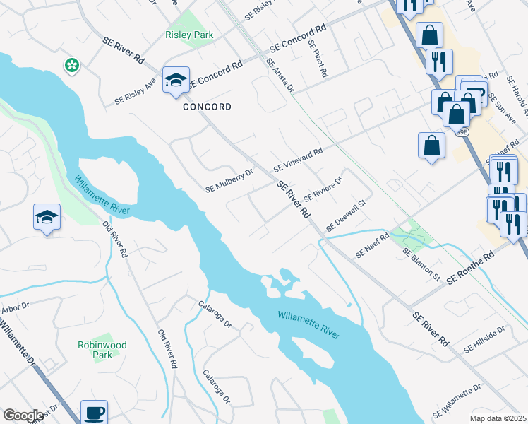 map of restaurants, bars, coffee shops, grocery stores, and more near 2804 Southeast Vineyard Way in Milwaukie