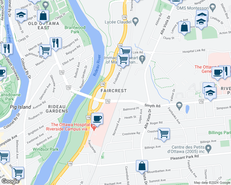 map of restaurants, bars, coffee shops, grocery stores, and more near 1801 Frobisher Lane in Ottawa