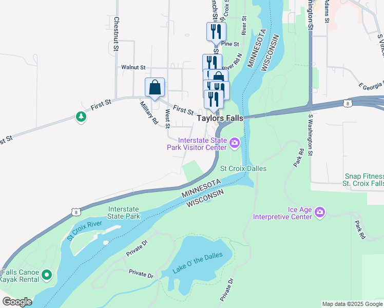 map of restaurants, bars, coffee shops, grocery stores, and more near 290 West Government Street in Taylors Falls