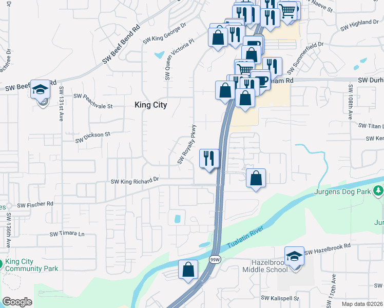 map of restaurants, bars, coffee shops, grocery stores, and more near 16680 Southwest Queen Anne Avenue in Portland