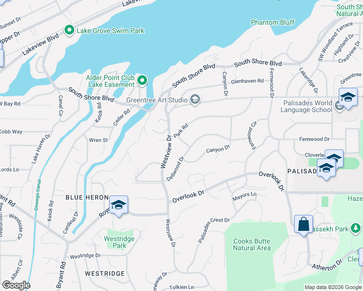map of restaurants, bars, coffee shops, grocery stores, and more near 17375 Alpine Way in Lake Oswego