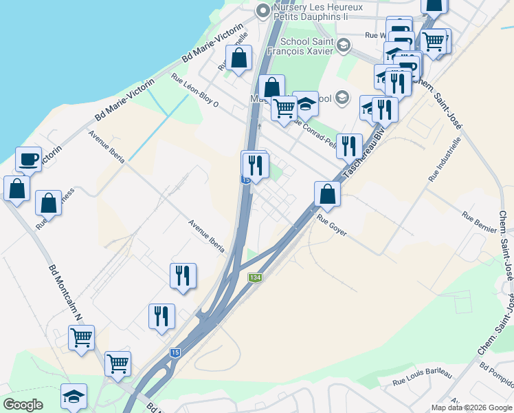 map of restaurants, bars, coffee shops, grocery stores, and more near 15 Avenue Papineau in Candiac