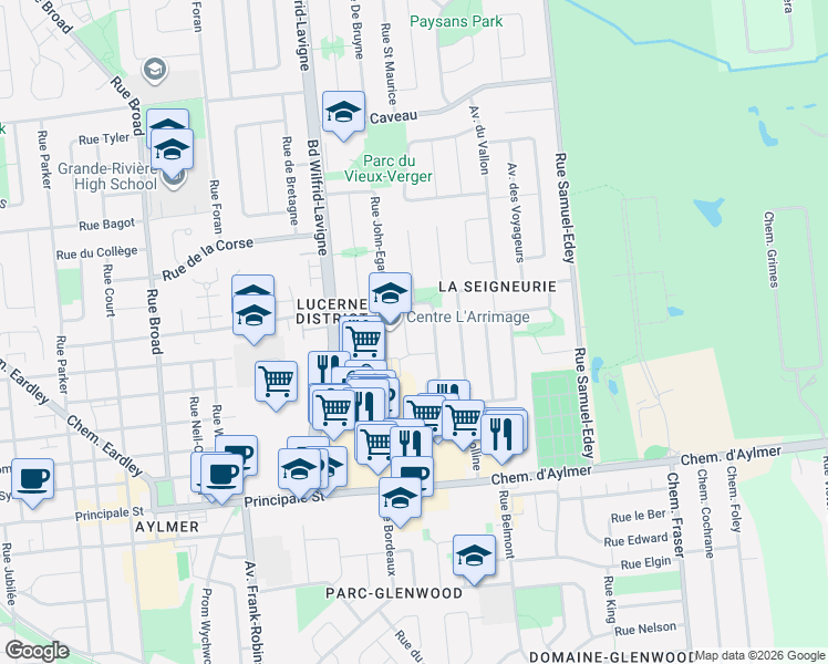 map of restaurants, bars, coffee shops, grocery stores, and more near 321 Avenue des Calèches in Gatineau