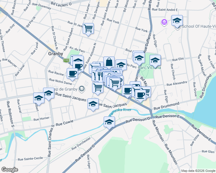 map of restaurants, bars, coffee shops, grocery stores, and more near 173 Rue Principale in Granby