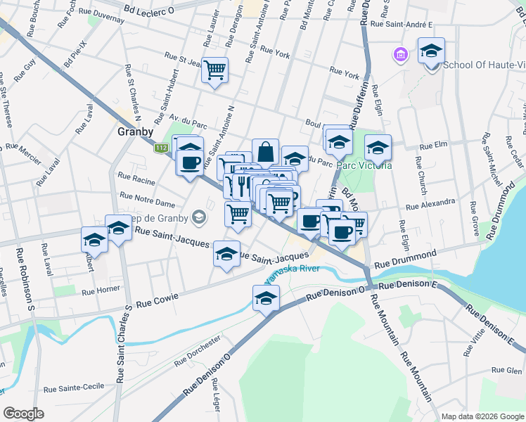 map of restaurants, bars, coffee shops, grocery stores, and more near 173 Rue Principale in Granby