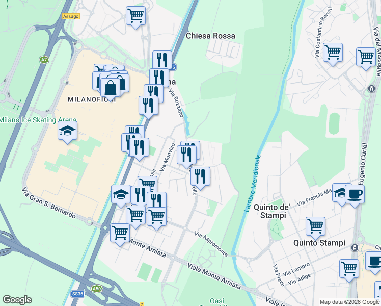 map of restaurants, bars, coffee shops, grocery stores, and more near 1 Via Alberelle in Rozzano