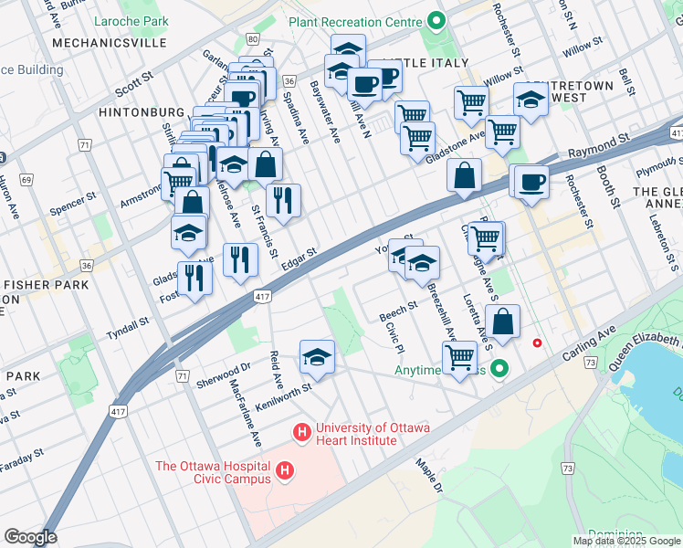 map of restaurants, bars, coffee shops, grocery stores, and more near 154 Young Street in Ottawa