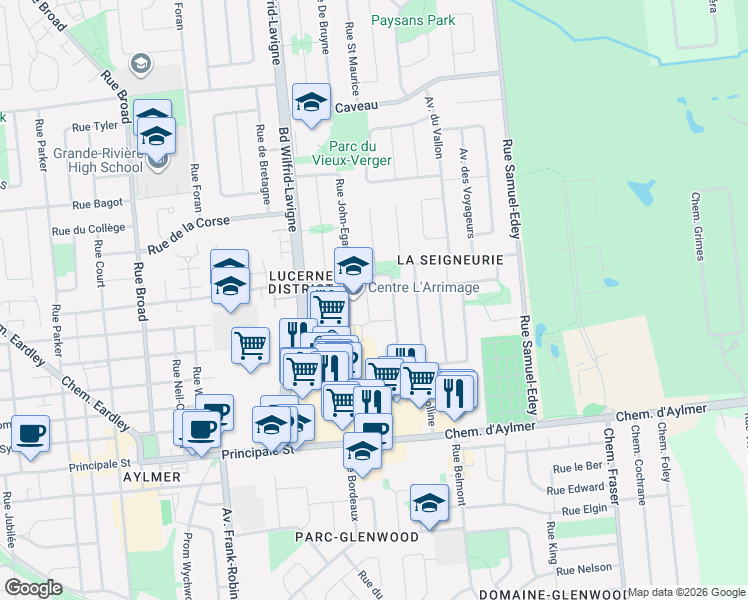 map of restaurants, bars, coffee shops, grocery stores, and more near 321 Avenue des Calèches in Gatineau