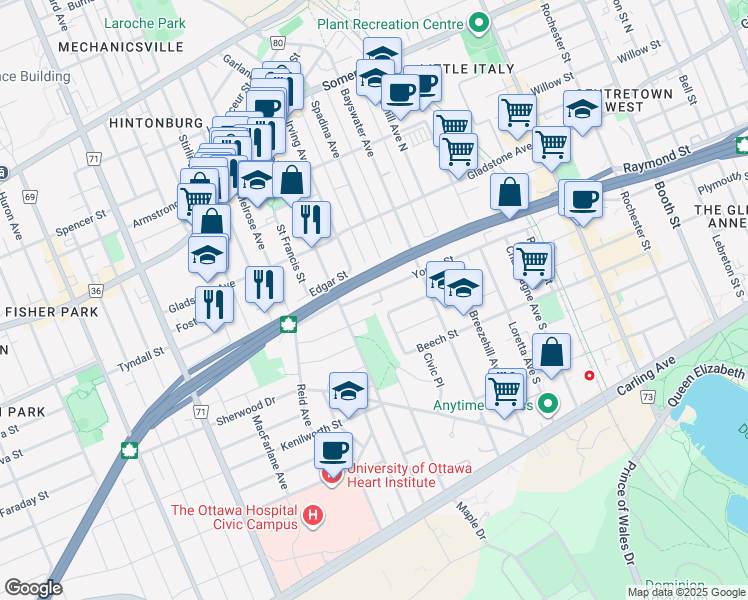 map of restaurants, bars, coffee shops, grocery stores, and more near 154 Young Street in Ottawa
