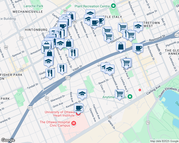 map of restaurants, bars, coffee shops, grocery stores, and more near 150 Young Street in Ottawa