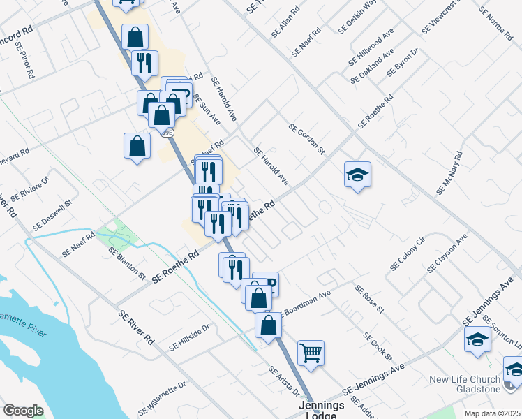 map of restaurants, bars, coffee shops, grocery stores, and more near 4519 Southeast Roethe Road in Milwaukie