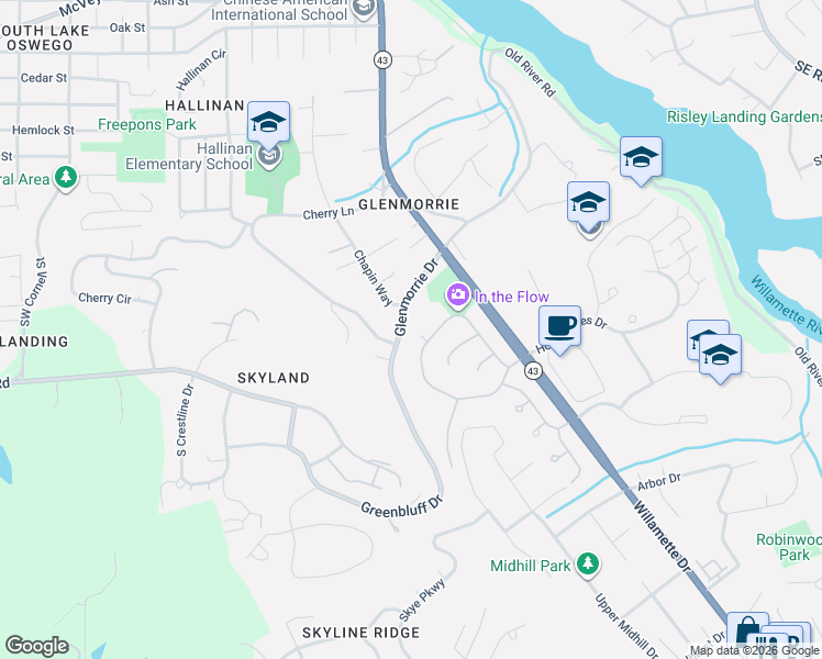 map of restaurants, bars, coffee shops, grocery stores, and more near 17312 Chapin Way in Lake Oswego