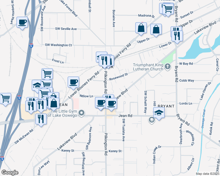 map of restaurants, bars, coffee shops, grocery stores, and more near 17450 Pilkington Road in Lake Oswego
