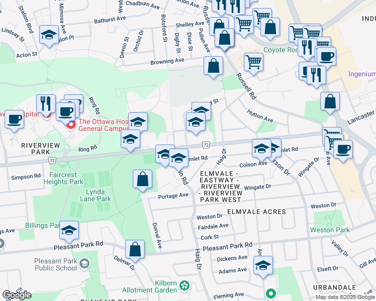 map of restaurants, bars, coffee shops, grocery stores, and more near 1854 Edgecombe Street in Ottawa