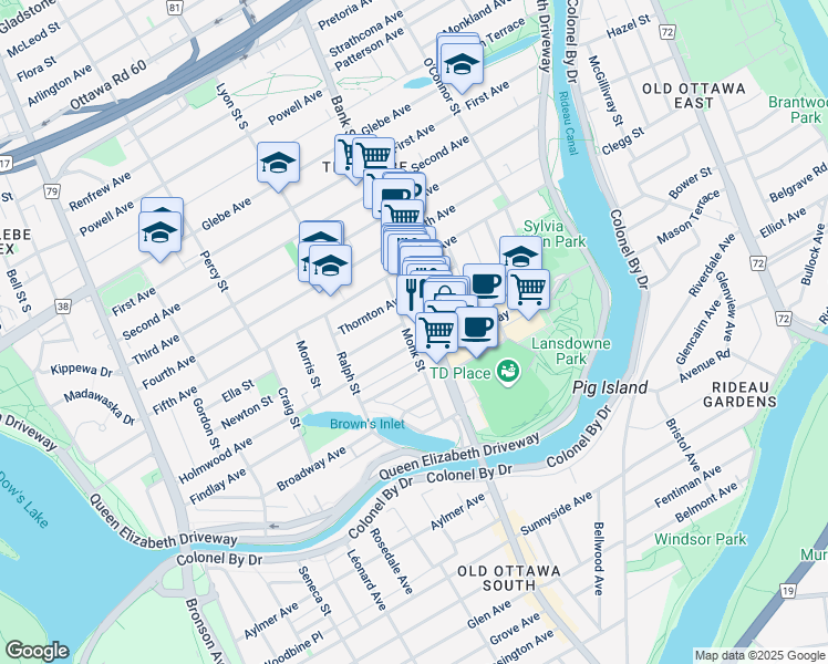 map of restaurants, bars, coffee shops, grocery stores, and more near 864 Bank Street in Ottawa