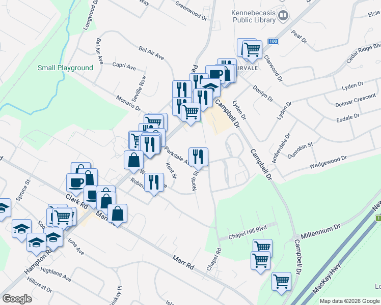 map of restaurants, bars, coffee shops, grocery stores, and more near 142 Hampton Road in Rothesay