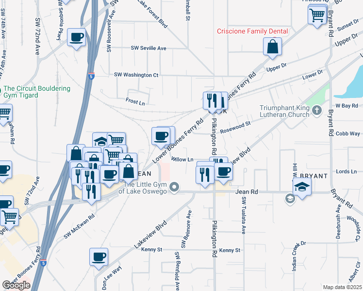 map of restaurants, bars, coffee shops, grocery stores, and more near 17350 Boones Ferry Road in Lake Oswego