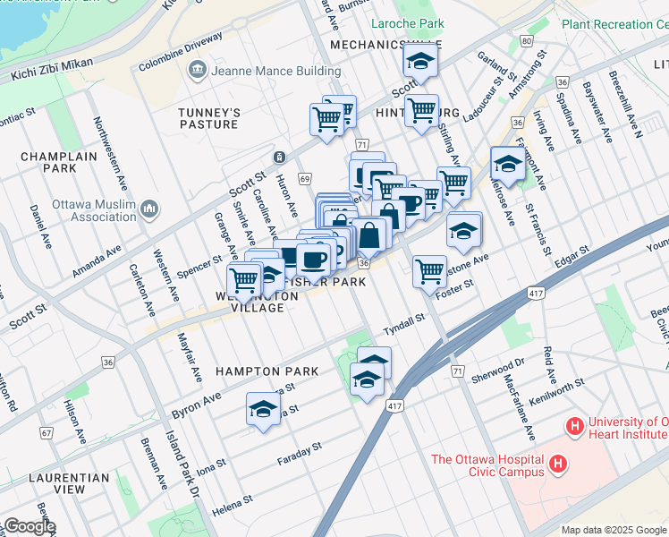 map of restaurants, bars, coffee shops, grocery stores, and more near 120 Holland Avenue in Ottawa