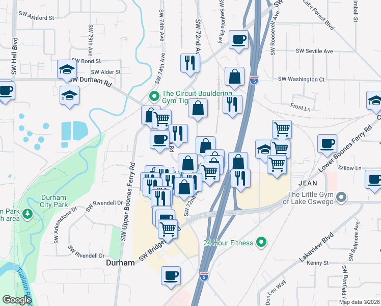 map of restaurants, bars, coffee shops, grocery stores, and more near 16655 Southwest 72nd Avenue in Tigard