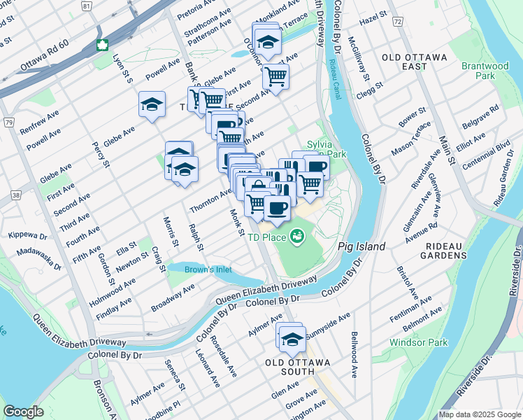 map of restaurants, bars, coffee shops, grocery stores, and more near 106 Holmwood Avenue in Ottawa