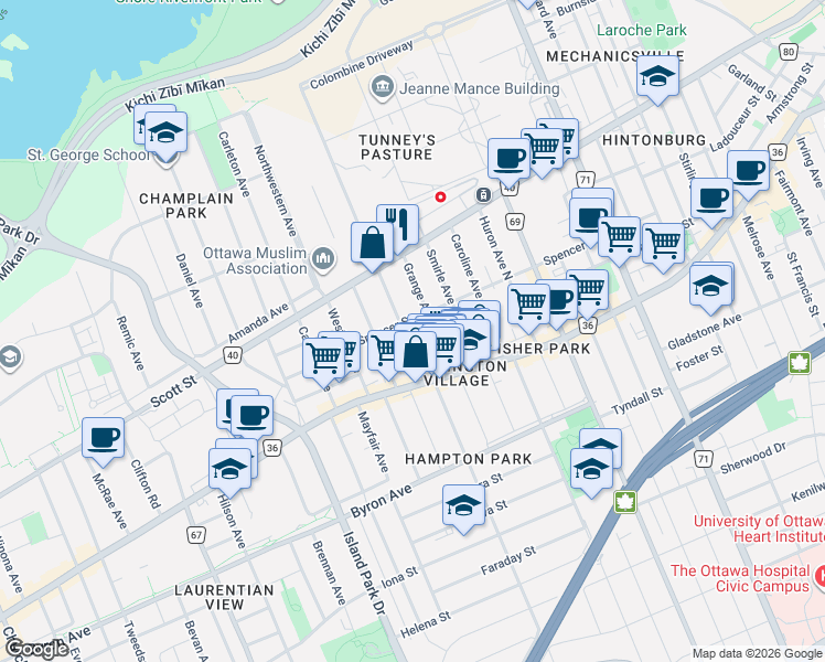 map of restaurants, bars, coffee shops, grocery stores, and more near 59 Ross Avenue in Ottawa