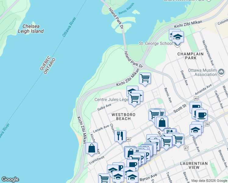map of restaurants, bars, coffee shops, grocery stores, and more near 291 Ferndale Avenue in Ottawa