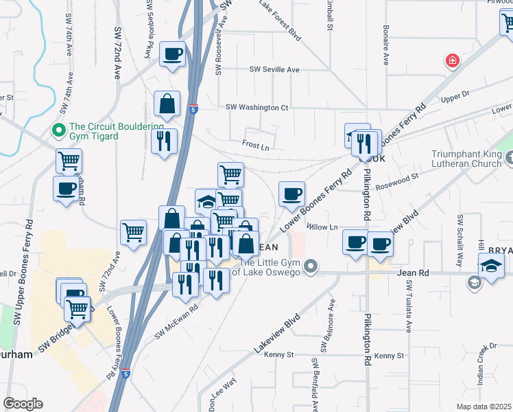 map of restaurants, bars, coffee shops, grocery stores, and more near 17360 63rd Avenue in Lake Oswego