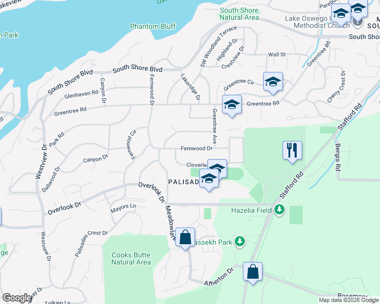 map of restaurants, bars, coffee shops, grocery stores, and more near 1812 Fernwood Drive in Lake Oswego