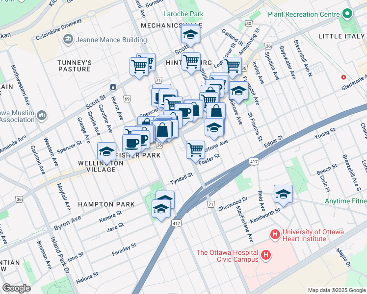 map of restaurants, bars, coffee shops, grocery stores, and more near 420 Parkdale Avenue in Ottawa
