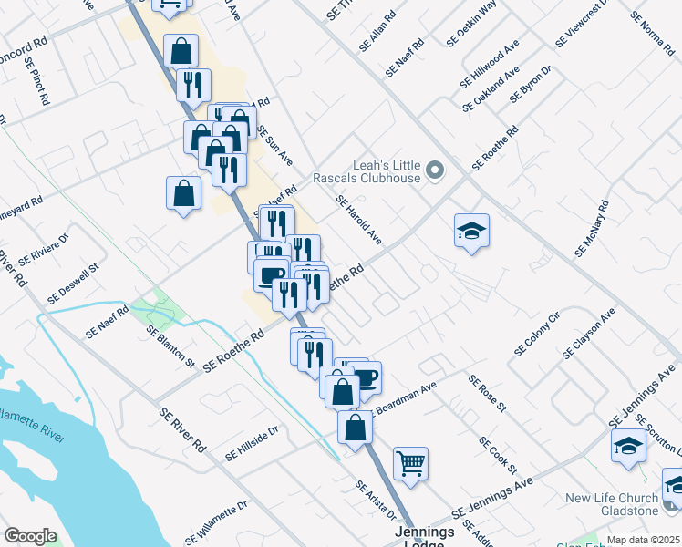 map of restaurants, bars, coffee shops, grocery stores, and more near 4519 Southeast Roethe Road in Milwaukie