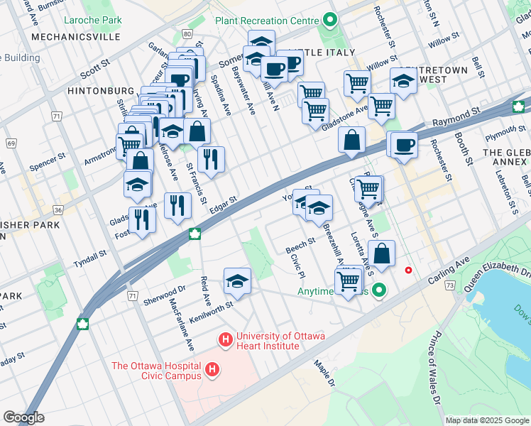 map of restaurants, bars, coffee shops, grocery stores, and more near in Ottawa