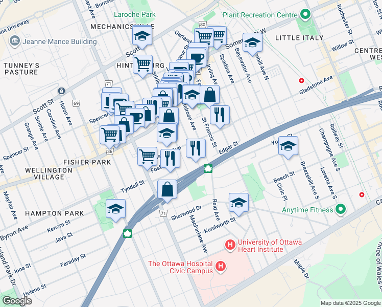 map of restaurants, bars, coffee shops, grocery stores, and more near in Ottawa