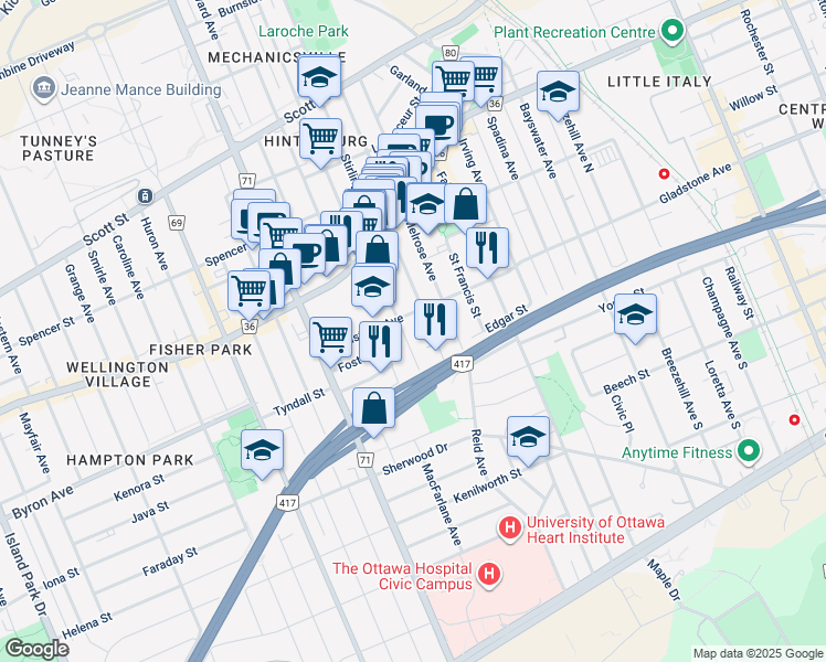 map of restaurants, bars, coffee shops, grocery stores, and more near in Ottawa