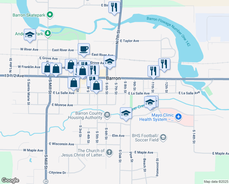 map of restaurants, bars, coffee shops, grocery stores, and more near 40 South 6th Street in Barron