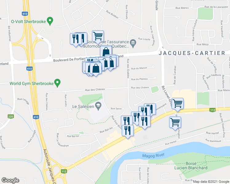 map of restaurants, bars, coffee shops, grocery stores, and more near 2960 Rue des Chênes in Sherbrooke