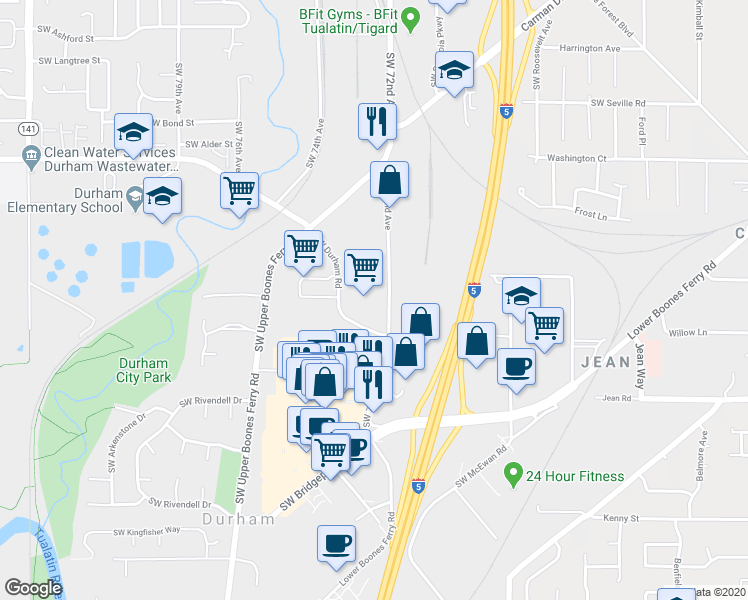 map of restaurants, bars, coffee shops, grocery stores, and more near 16655 Southwest 72nd Avenue in Tigard