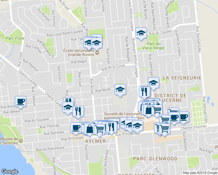 map of restaurants, bars, coffee shops, grocery stores, and more near 20 Rue des Chateaux des Bois in Gatineau
