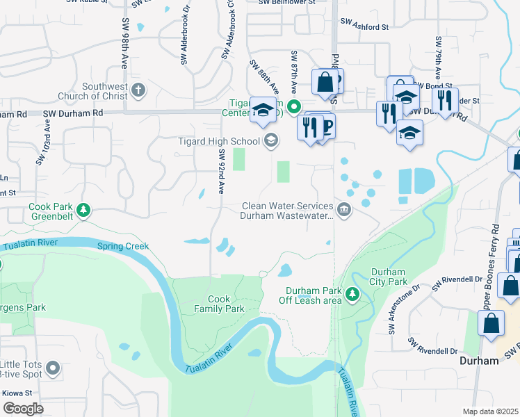 map of restaurants, bars, coffee shops, grocery stores, and more near 8921 Southwest Waverly Drive in Tigard