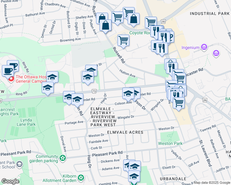 map of restaurants, bars, coffee shops, grocery stores, and more near in Ottawa