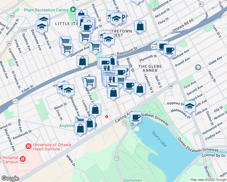 map of restaurants, bars, coffee shops, grocery stores, and more near in Ottawa